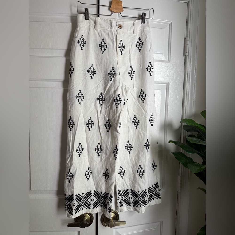 Haute Hippie White Linen Embroidered Pants Sz 6 Old Money Travel Resort Cottage